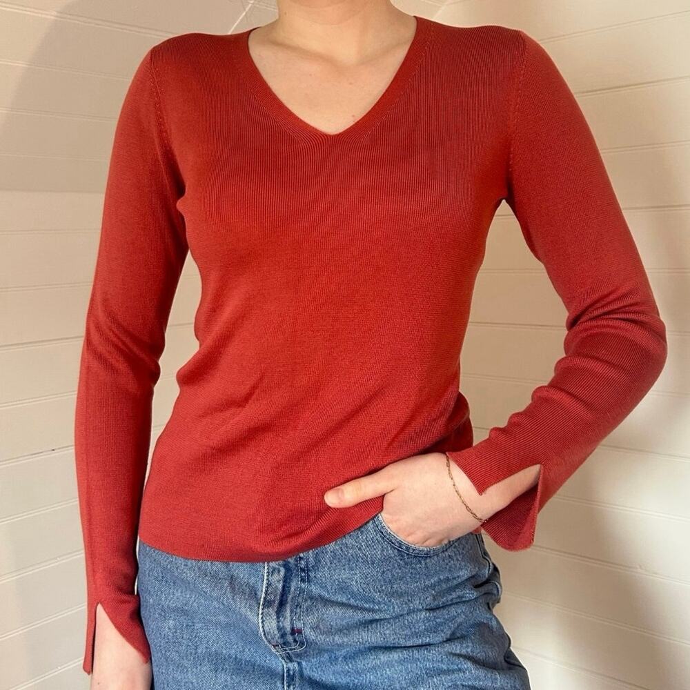 Loft 100% silk coral-mauve colored long sleeve top with split sleeve details